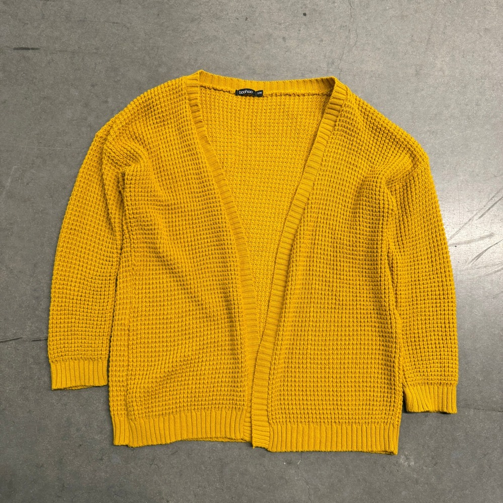 Boohoo Mustard Yellow Waffle Knit Open Front Cardigan Sweater SM